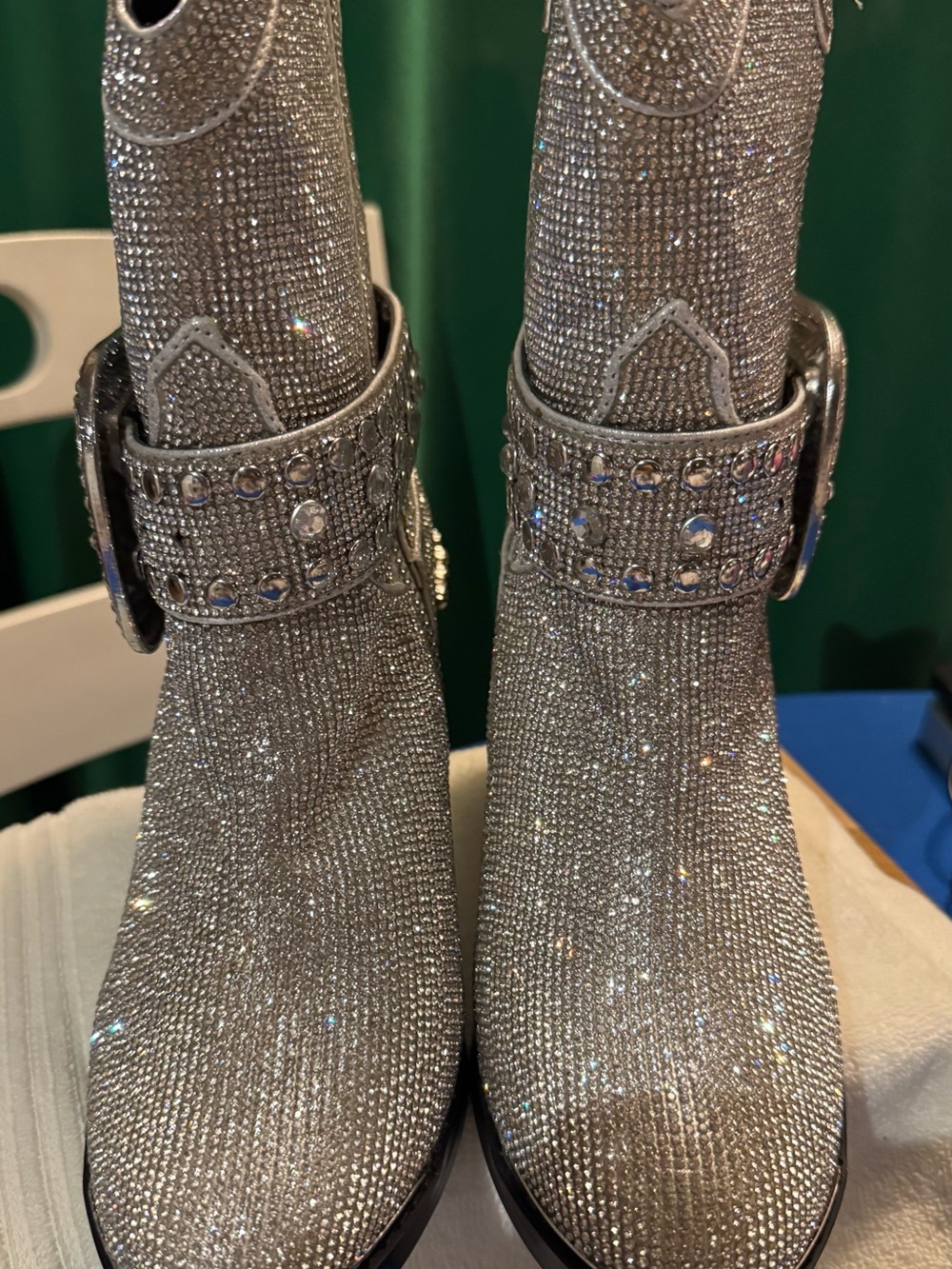 Crystal-Embellished Silver Women's Ankle Booties with Buckle